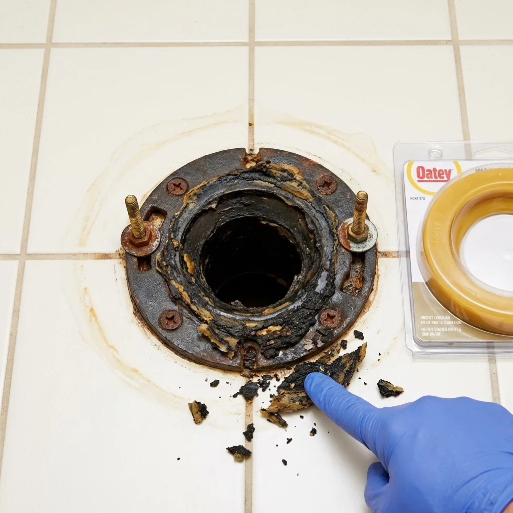 Failed wax ring showing water seepage at the base of a toilet in a Sulphur, LA home