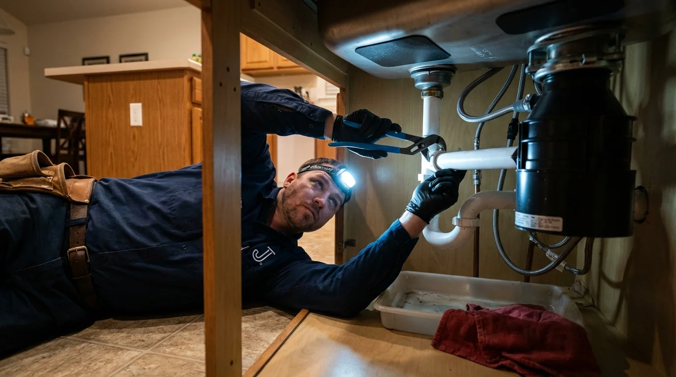 P-trap and supply line connections under a kitchen sink showing a common leak point in Sulphur, LA